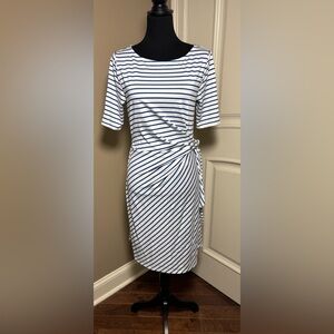 Lands’ End Elbow Sleeve Tie Waist Sheath Dress White & Navy Blue Nautical Sz S